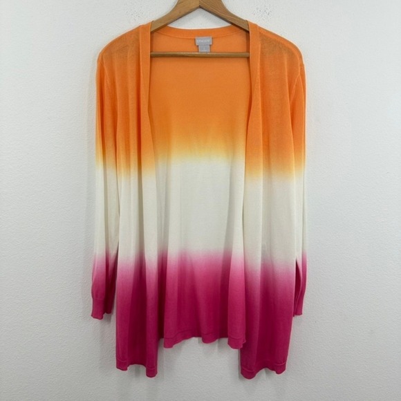 Chico's Ombre‎ Cardigan Sweater Orange White Pink Open Front Knit Size Large NWT - Picture 2 of 11